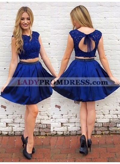 2023 A-Line/Princess Two Piece Scoop Neck Cap Sleeve Cut Out Back Beading Short/Mini Homecoming Dresses
