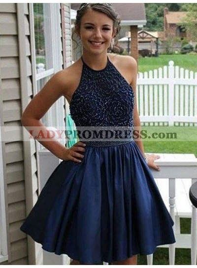 2023 A-Line/Princess Halter Beading Pleated Satin Cut Short/Mini Homecoming Dresses