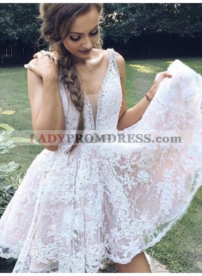 2023 A-Line/Princess V Neck Sleeveless Applique Beading Cut Short/Mini Homecoming Dresses