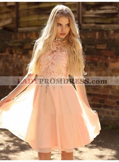 2023 A-Line/Pricess Scoop Neck Sleeveless Lace Beading Chiffon Knee-Length Homecoming Dresses