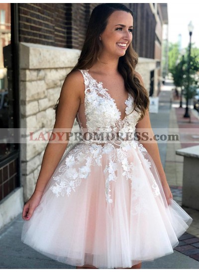2023 Ball Gown V Neck Sleeveless Applique Beading Tulle Cut Short/Mini Homecoming Dresses