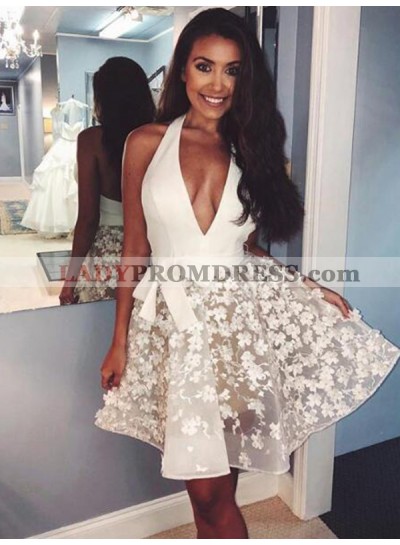2023 A-Line/Princess V Neck Sleeveless Bowknot Applique Organza Backless Homecoming Dresses