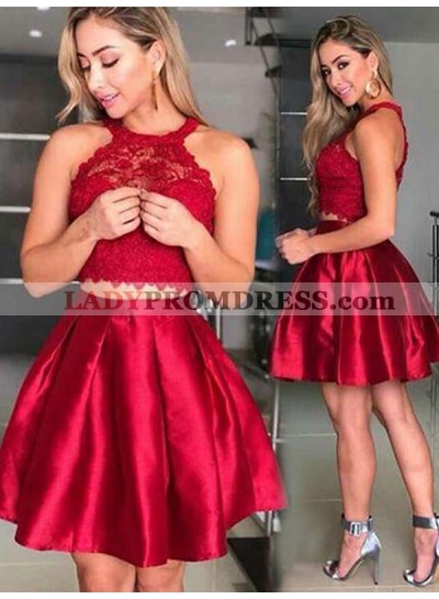 2023 A-Line/Princess Halter Sleeveless Lace Pleated Satin Cut Short/Mini Homecoming Dresses