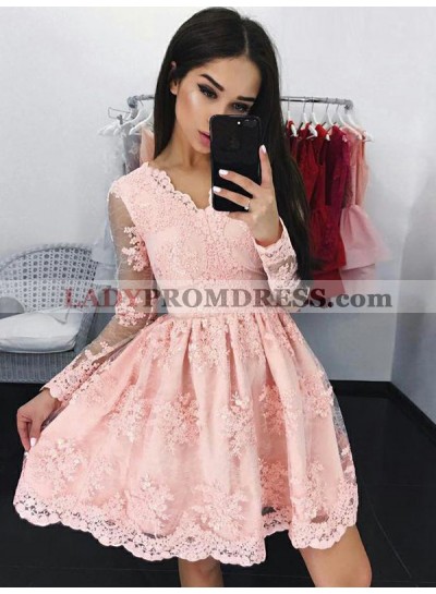 2023 A-Line/Princess V Neck Long Sleeve Applique Lace Pleated Cut Short/Mini Homecoming Dresses