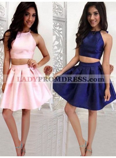 Two Piece Halter Sleeveless Satin Pleated Cut Short/Mini Homecoming Dresses