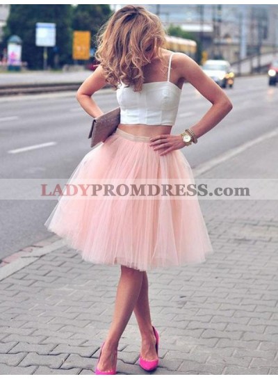 Two Piece Ball Gown Tulle Square Neck Straps Sleeveless Knee-Length Homecoming Dresses
