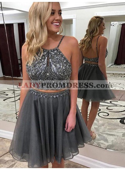 High Quality Light-Slate-Gray Halter Sleeveless Beading Chiffon Backless Cut Short Mini Homecoming Dresses