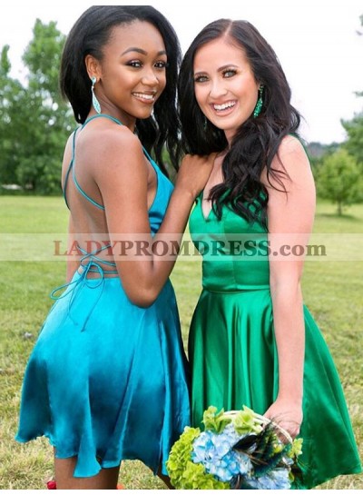 Sexy Satin Cut Short Backless Criss Cross V Neck Sleeveless Mini Homecoming Dresses