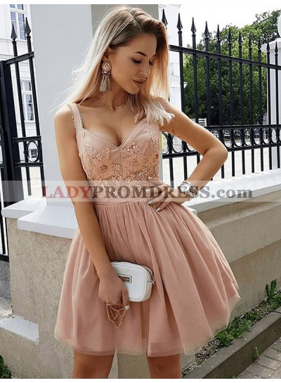 Dusty Rose Cut Shorts Tulle V Neck Sleeveless Beading Applique High Quality Homecoming Dresses