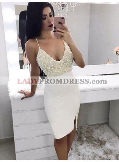 White Sheath/Column Pearls Split-Front Sleeveless V Neck Spaghetti Straps Knee-Length Homecoming Dresses