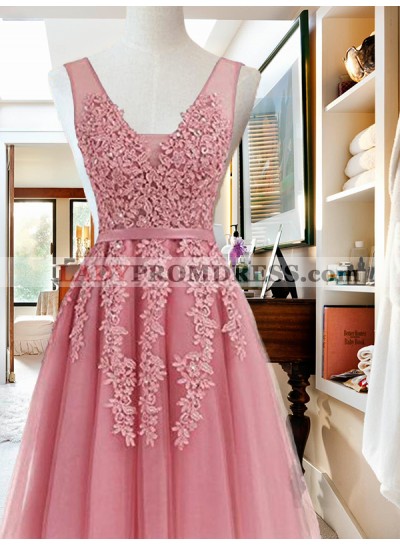 V Neck Sleeveless Applique Tulle Beading Homecoming Dresses