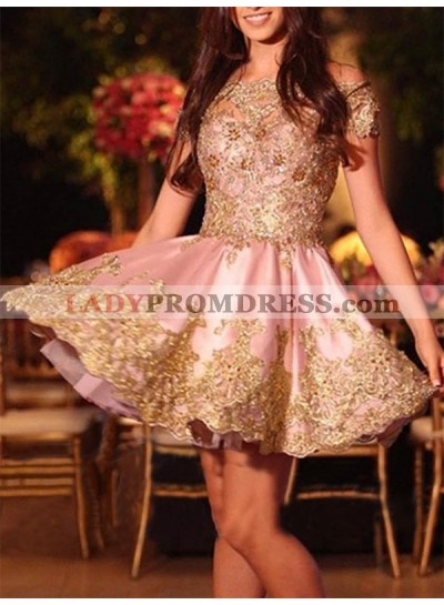 Charming Satin Applique Beading Off-The-Shoulder Cut Short/Mini Homecoming Dresses