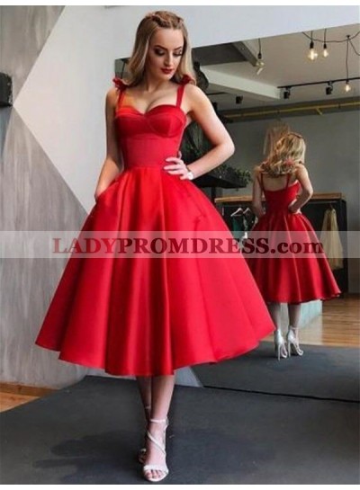 Red Ball Gown Tea-Length Pleated Sweetheart Sleeveless Homecoming Dresses