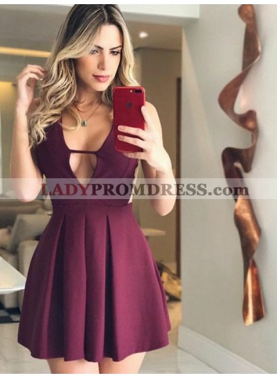 Burgundy Pleated V Neck Sleeveless Cut Short/Mini A-Line/Princess Homecoming Dresses