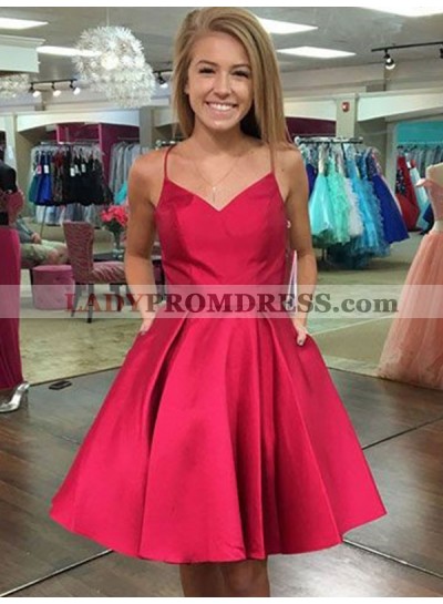 Royal Blue Spaghetti Straps V Neck Sleeveless Bowknot Satin A-Line/Princess Homecoming Dresses