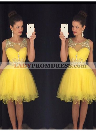 Organza Scoop Neck See Through Sleeveless Beading Ball Gown Knee-Length Homecoming Dresses