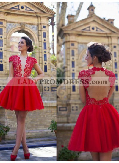 Cap Sleeve Lace Cut Out Back Tulle Ball Gown Cut Short Mini Homecoming Dresses