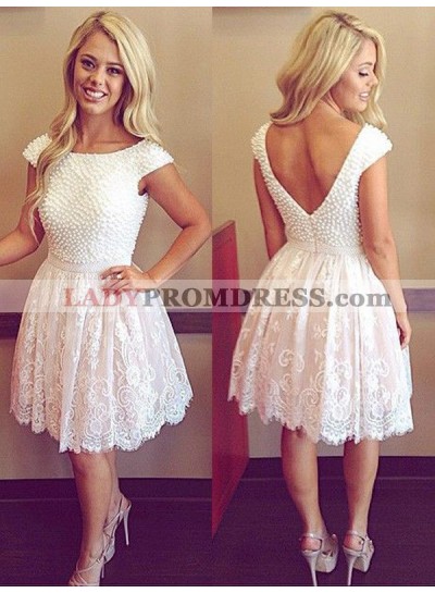 Knee-Length Pearls Beading Scoop Neck V Back Lace Homecoming Dresses