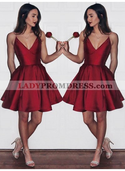 V Neck Sleeveless Spaghetti Satin A-Line/Princess Pleated Cut Short Mini Homecoming Dresses