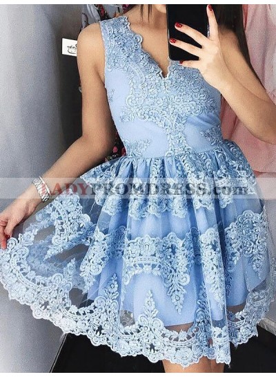 Lace Applique V Neck Sleeveless Cut Short Mini Ball Gown Homecoming Dresses