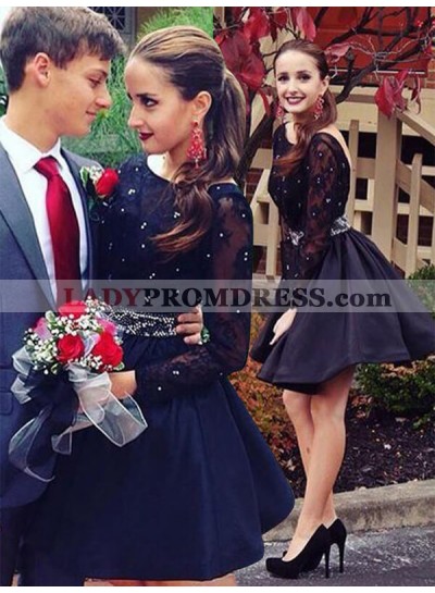 Scoop Neck Long Sleeve Backless Cut Short Mini Lace Beading Ball Gown Homecoming Dresses