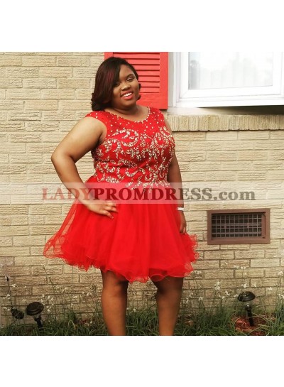 Plus Size Scoop Neck Sleeveless Beading Organza Short Mini Homecoming Dresses