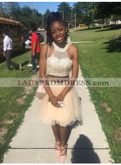 Two Piece Halter Organza Beading Sleeveless Short Mini Homecoming Dresses