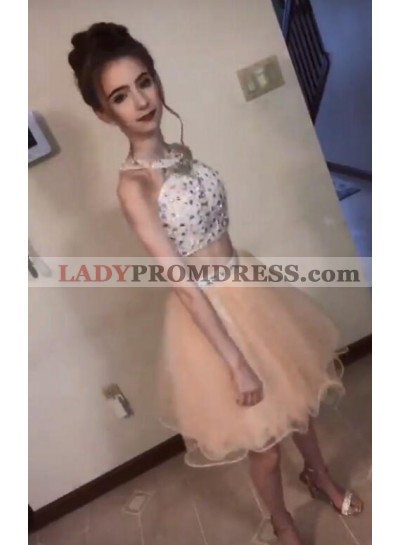 Two Piece Organza Halter Sleeveless Beading Short Mini Homecoming Dresses