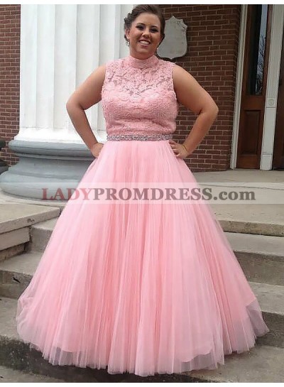 High Neck Pink Sleeveless Tulle Lace Appliques Sash Pleated Prom Dresses 2023