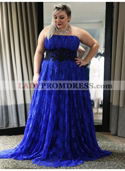 Strapless A Line Lace Royal-Blue Appliques Pleated Flowers Floor Length Prom Dresses 2023