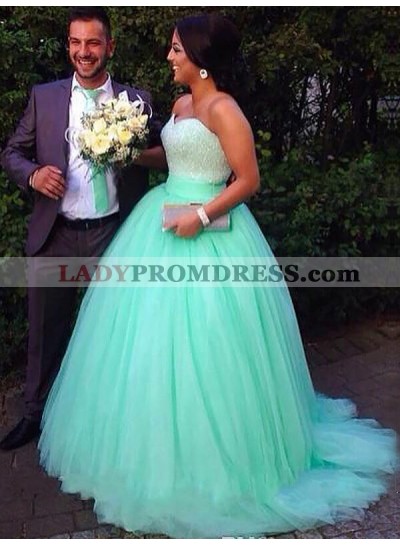 Strapless Tulle Sweetheart Turquoise Ball Gown Sparkle Floor Length Prom Dresses 2022