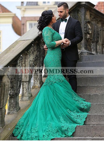 Mermaid Lace Jade 3/4 Sleeve Floor Length Intricate Pleated Prom Dresses 2023