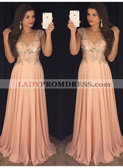 V Neck Cap Sleeve A Line Rhinestone Peach Chiffon Pleated Sparkle Prom Dresses 2023