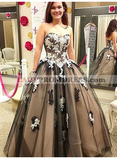 Strapless Sweetheart Ball Gown Backless Tulle Black Appliques Beading Prom Dresses 2023