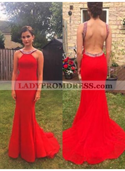 Jewel Satin Red Mermaid Backless Rhinestone Sleeveless Sexy Simple Prom Dresses 2023