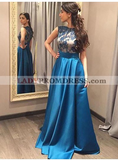 Satin A Line Jewel Sleeveless Lace Flowers Pleated Long Prom Dresses 2023