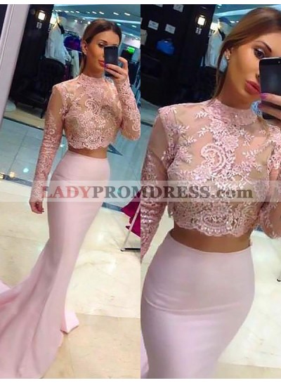 Two Pieces Blushing Pink Lace High Neck Satin Mermaid Long Sleeve Prom Dresses 2023