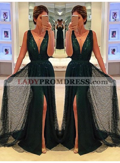 Deep V Neck Sleeveless Sequins Tulle Pleated Dark Green Sheath Side Split Prom Dresses 2023
