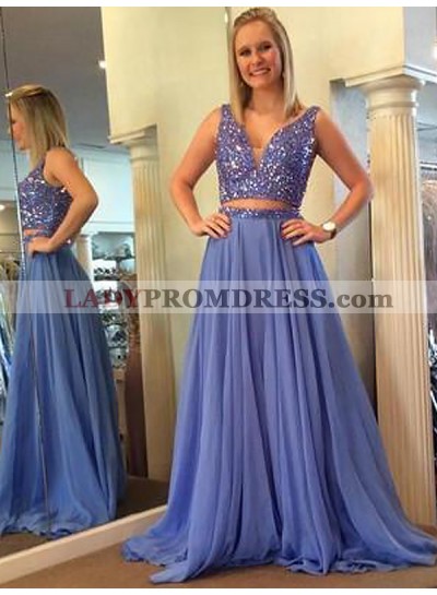 Lilac Sleeveless V Neck Two Pieces Chiffon Sequins Pleated Prom Dresses 2022