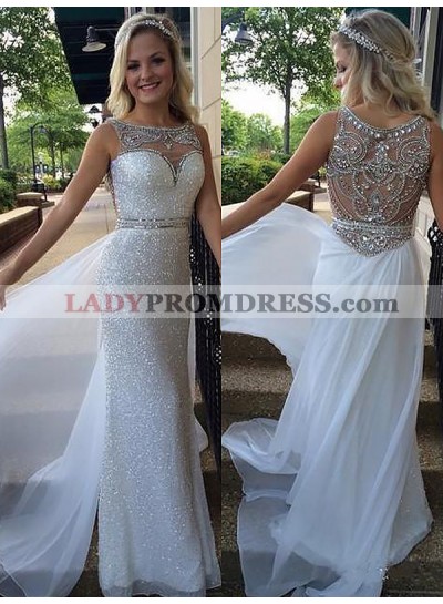 Sequins Sheath Bateau Rhinestone Sleeveless Beading Sheer Prom Dresses 2023