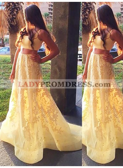 Light Yellow Two Pieces Square Neck Lace Appliques Flowers Sleeveless Prom Dresses 2023