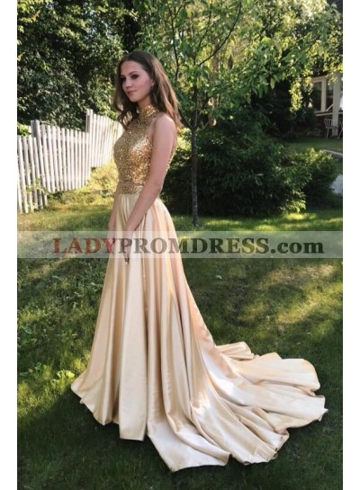 Satin Champagne Halter Cut Out Rhinestone Backless High Neck Prom Dresses 2022