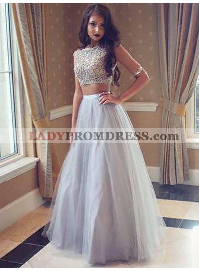 Two Pieces Grey Tulle Cap Sleeve A Line Pleated Jewel Long Prom Dresses 2023