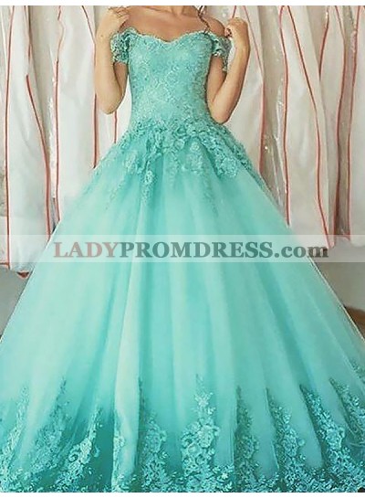 Off The Shoulder Lace Turquoise A Line Pleated Appliques Backless Prom Dresses 2023