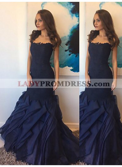 Satin Dark Navy Lace Strapless Mermaid Ruffles Floor Length Prom Dresses 2023