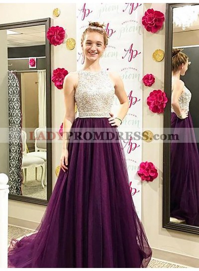 Jewel Sleeveless Rhinestone Purple Pleated Floor Length Tulle Prom Dresses 2023