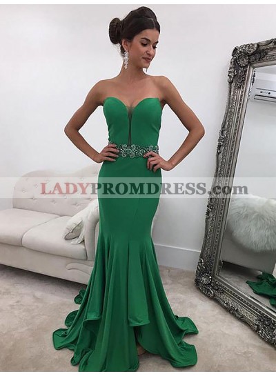 Strapless Sweetheart Green Sheer Mermaid Rhinestone Sexy Ruffles Prom Dresses 2023