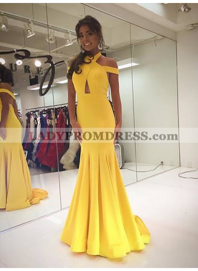 Off Shoulder Halter Backless Cut Out Mermaid Satin Yellow Long Prom Dresses 2023