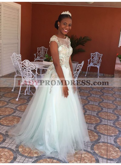 Cap Sleeve Bateau A Line Rhinestone Appliques Tulle White Sheer Prom Dresses 2023