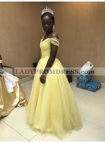 Off The Shoulder V Neck Sash Ball Gown Pleated Light Yellow Tulle Prom Dresses 2023